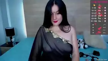 Sexy Bhabhi in See through Black Saree without blouse Exposing Boobs