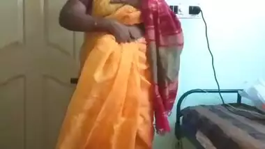 Desi indian horny tamil telugu kannada malayalam hindi cheating wife  vanitha wearing orange colour saree showing big boobs and shaved pussy  press ha indian sex video