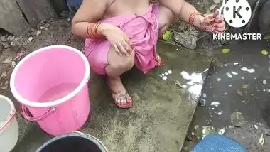 Indian House Wife Bathing Outside