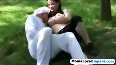 Outdoor brunette milf breastfeed anal strap on