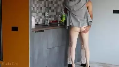 Passionate morning standing sex with petite redhead babe in the kitchen - Ruda Cat