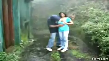 Mangalore horny couple stand fuck doggy and cum in Windy rainy forest