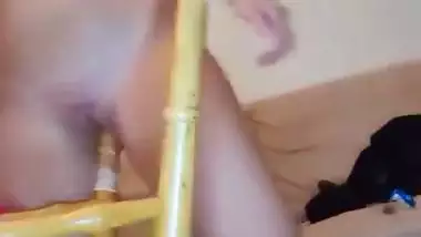 Crazy wild girl fucks her pussy with a chair leg
