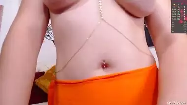 Hot cousin in transparent saree showing her milky white boobs and talking dirty boobs part 2